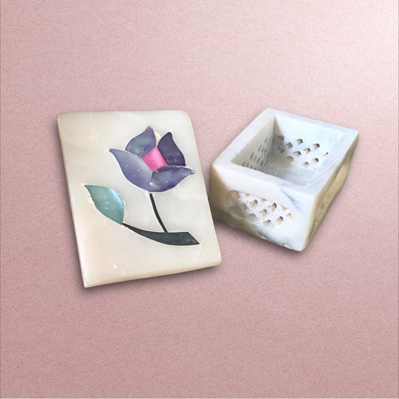 Marble Pietra Dura Trinket Box Floral Inlay Lattice Design - Picture 6 of 16